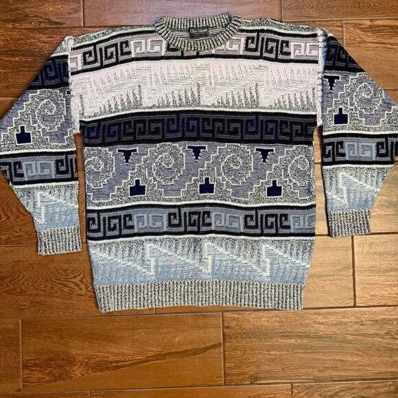 Vintage Ellis Island Sweater Mens L Pink Blue Gray Black Knit Crew Neck EUC - Picture 1 of 8